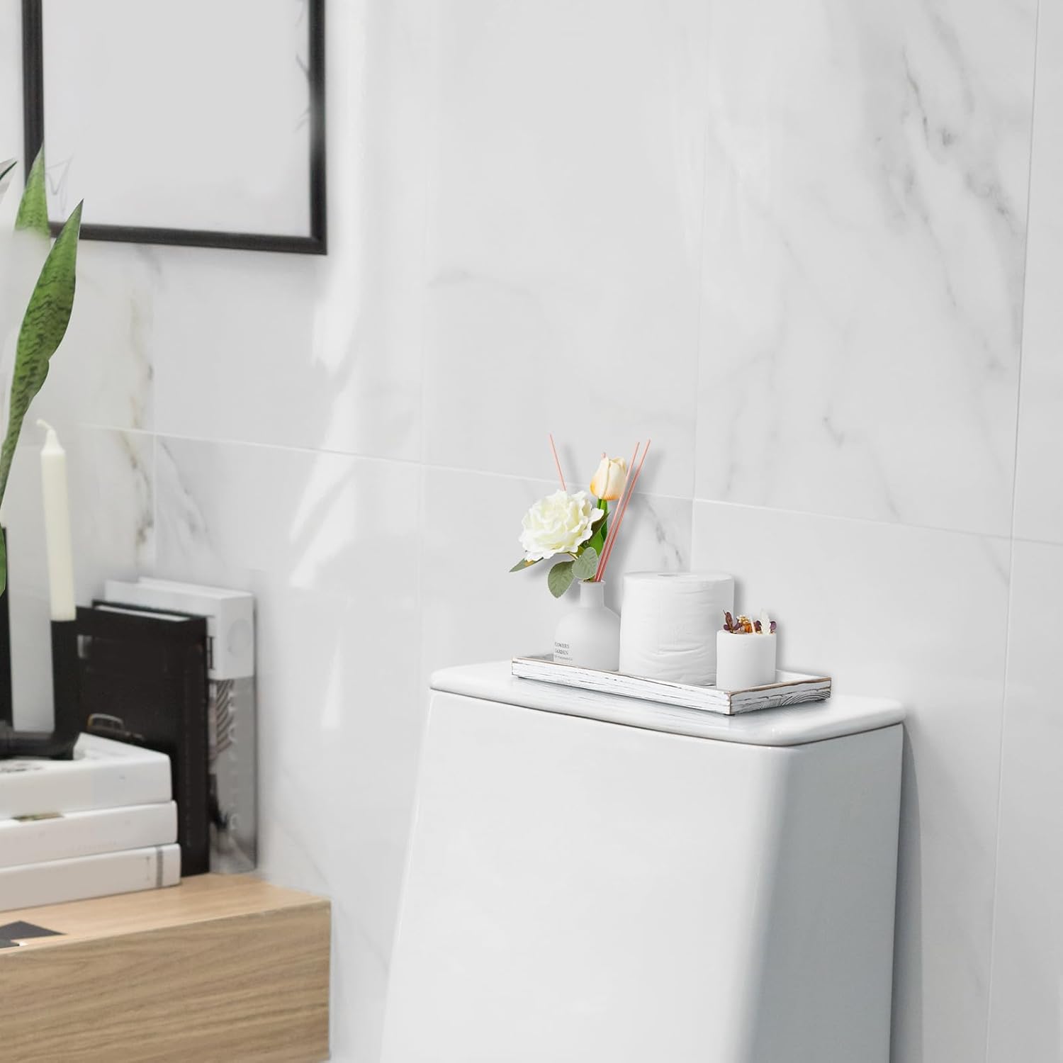 ALELION 11.7" White Bathroom Vanity Tray for Counter - Decorative Tray for Toilet Tank Makeup Perfume Jewelry Catchall Coffee Table - Wooden Kitchen Countertop Organizer for Soap Dispenser - Image 2