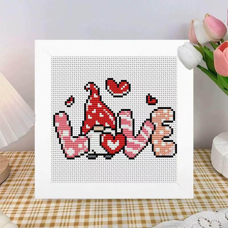 Image of Tiwabb Gnome Cross Stitch Kits for Adults,Love Stamped Cross Stitch Embroidery Kit for Beginners with Framed,Partial 11CT Cross-Stitch Arts and Crafts for Adults 6.7x6.7inch