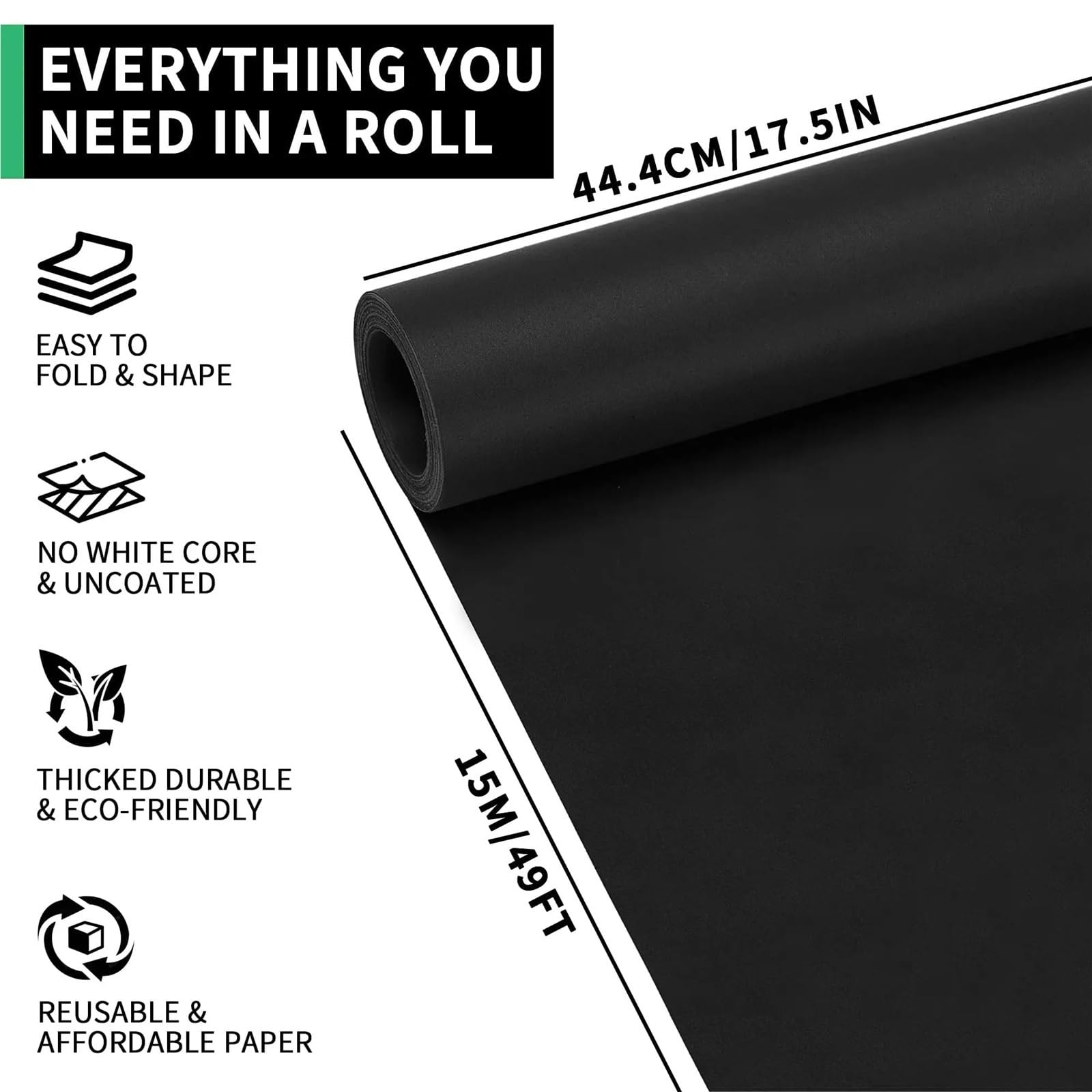 Lot de 3 rouleaux de papier cadeau kraft noir parfait pour les loisirs créatifs, le dessin, l'art mural, un mariage, un anniversaire, un festival (marron, 50 cm x 10 m)
