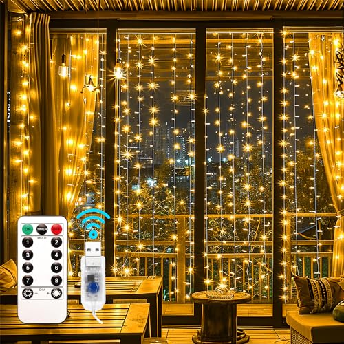 EvaStary Tenda con Catena di Luci LED, 2 x 2 m 200 LED Tenda Luminosa, 8 Modalità Tenda Luci Natale Impermeabile Cascata Luci per Esterni, Interni, Natale, Camera da Letto, Giardino (Bianco Caldo)
