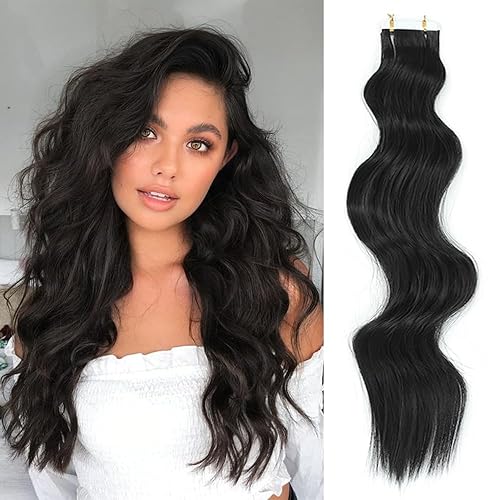 Extensiones de cabello sintético adhesivas de 20 pulgadas de largo, ondulado, natural, suave, sintético, 10 unidades, 1.76 onzas, extensiones de