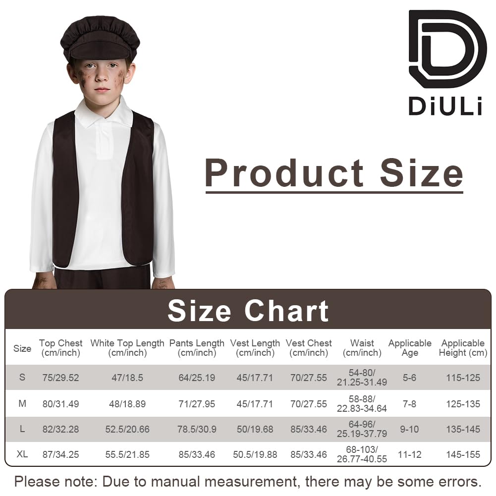 DiULi Children’s Victorian Boy 4 Piece Set Vest Hat Pants Shirt,himney Sweep Costume for Children,Boys Victorian Costume for World Book Day & School Play Outfit,Child Dress Up Costumes,L Dark Brown - Image 2
