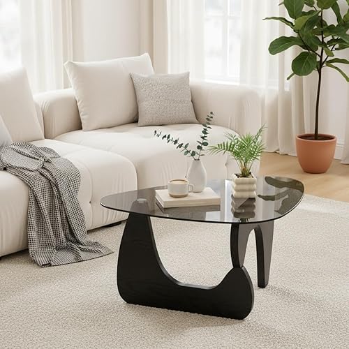 Miniatura 4 de LukeAlon Mesa auxiliar triangular moderna color negro y gris, parte superior de vidrio templado y base de madera, mesa auxiliar geométrica abstracta