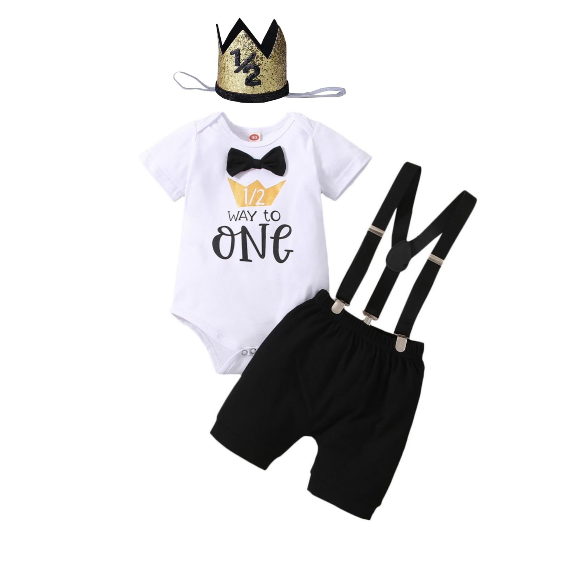 Baby Boy 1/2 First Birthday Outfit Half Way to One Bowtie Romper Suspenders Pants set Cake Smash Photo Shoot