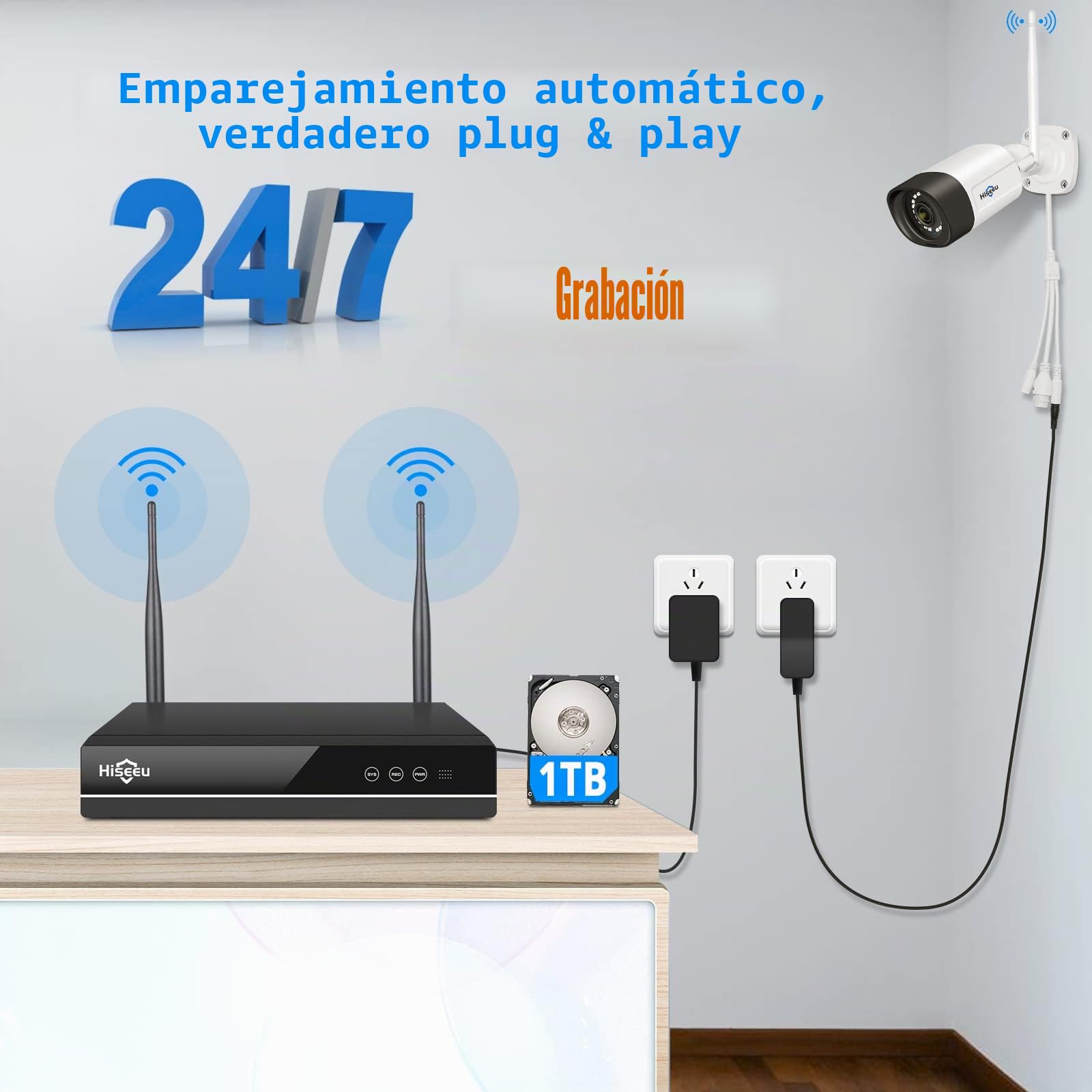 Hiseeu Kit Cámaras Vigilancia WiFi Exterior 5MP, 10CH NVR con 1TB HDD, 4 Camaras Seguridad IP, Deteccion Personas Vehiculos, Audio Bidireccional, Vision Nocturna Color