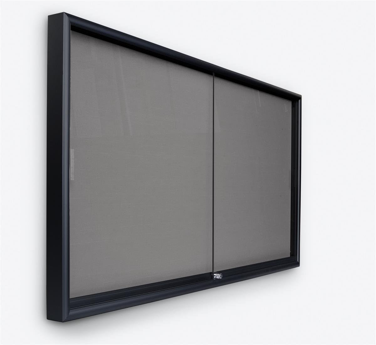 Displays2go, 72" w x 36" h Aluminum Bulletin Board with Gray Fabric Backer, Wall Mounted, Sliding Glass Doors, Black Surround (ENFB63BKSV)