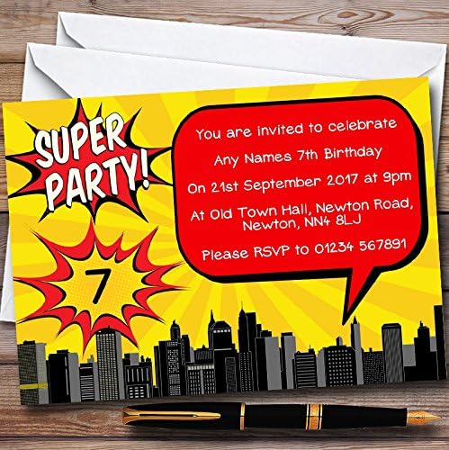 Yellow Comic Superhero Personalized Childrens Birthday Party Invitations