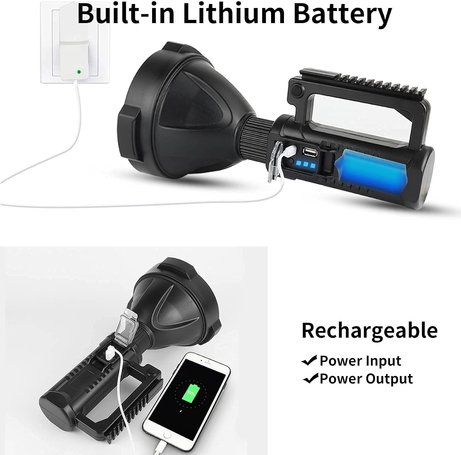 Rechargeable Handheld Spotlight Flashlight 90000 High Lumens, Super Bright LED Flashlight for Emergencies, Waterproof Searchlight Spotlight, Flashlight for Fishing, Hunting, Hiking, Camping （XL-Large）