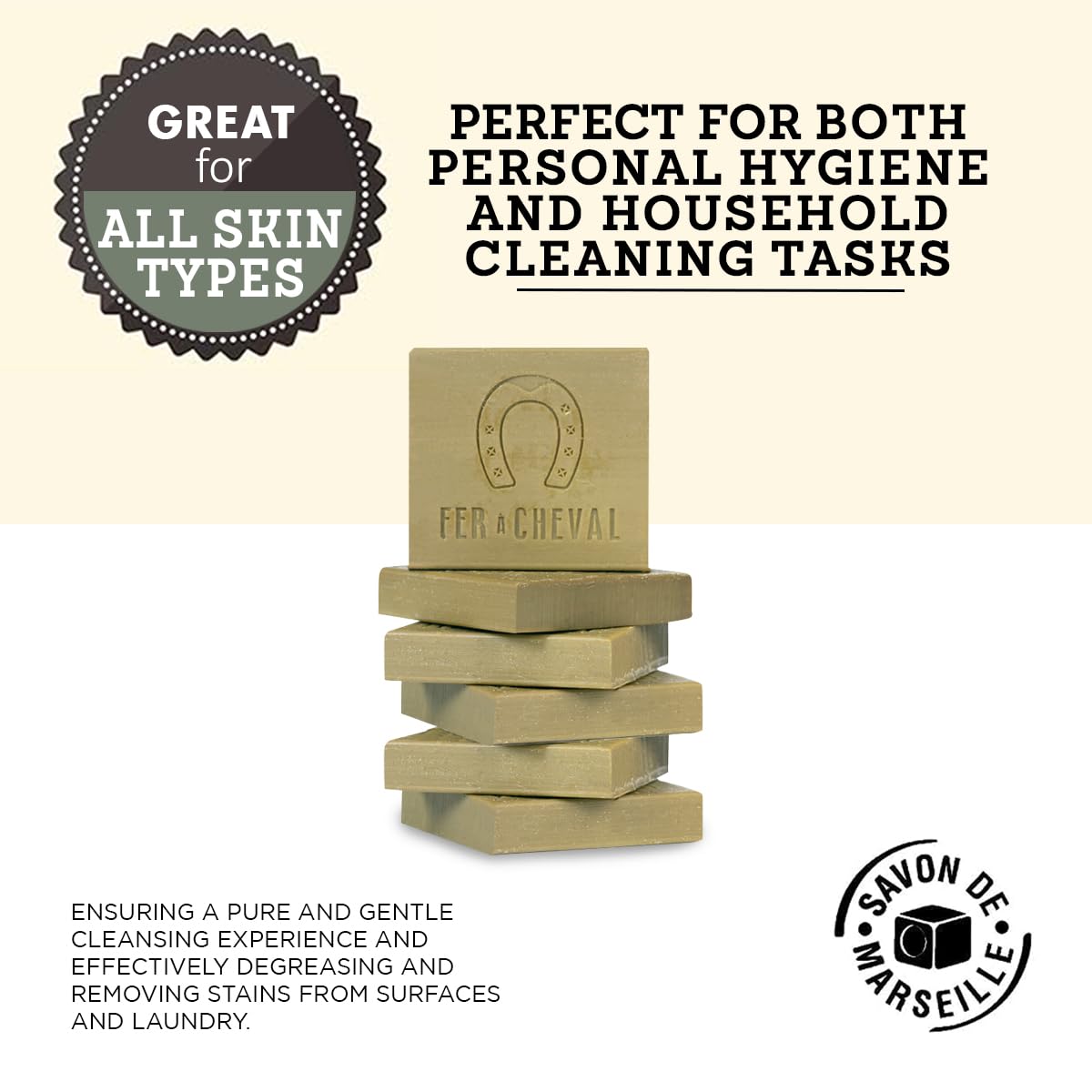 Fer à Cheval Pure Olive Toilet Marseille Soap Bar - Authentic Savon De Marseille, Natural and Hypoallergenic French Olive Oil Soap (6x65g/2.29oz)