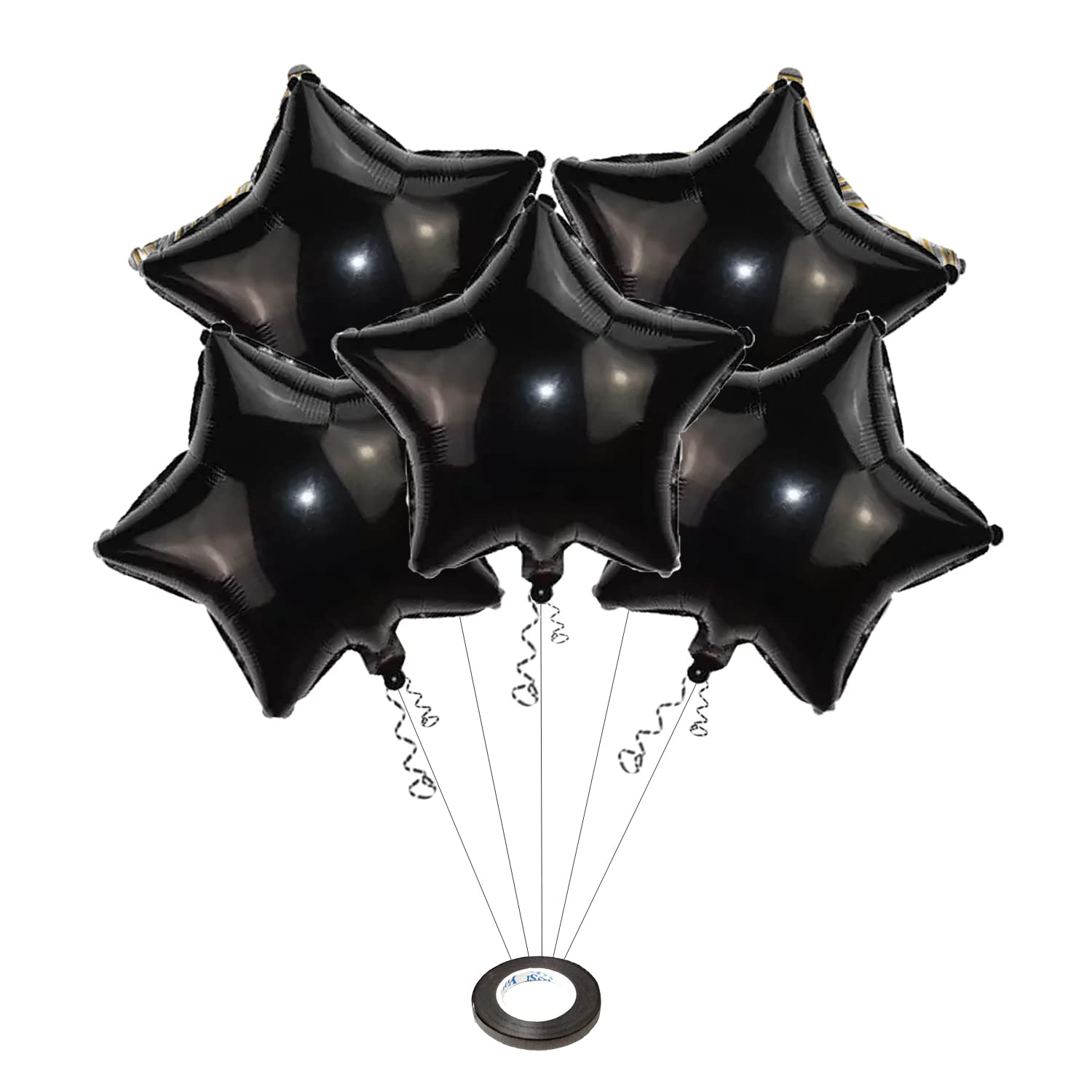 AMFIN® (Pack of 5) 18 Inch Black Star Shaped Foil Balloon with Ribbon/Star Shape Balloons for Decoration/Birthday Balloons for Decoration - Black