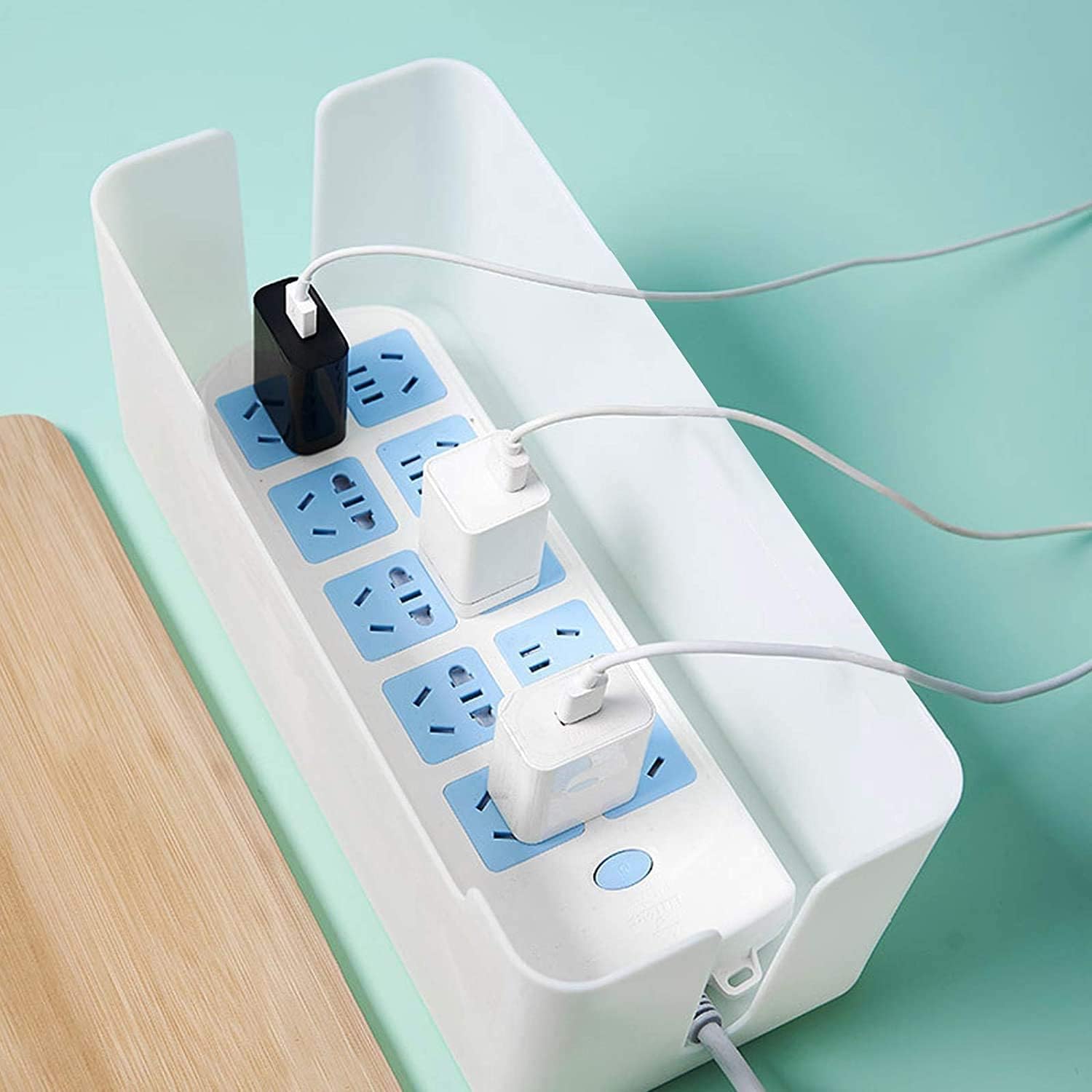 ASelected 3 Piezas Caja Organizadora Cables Tapa Madera Tapa Bambú Blanco | Organizador de Cables para Escritorio, Salón y Dormitorio, Caja para Esconder y Ocultar la Regleta con Bridas