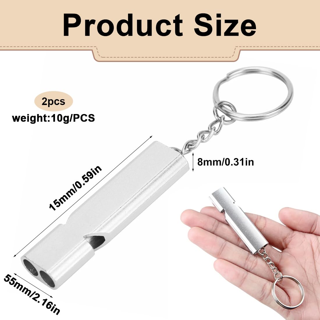 2 Silbatos de Emergencia de Doble Tubo, 120dB Silbato de Supervivencia de Alta Frecuencia con Llavero para Senderismo, Camping, Deportes y Seguridad (Plateado y Negro)