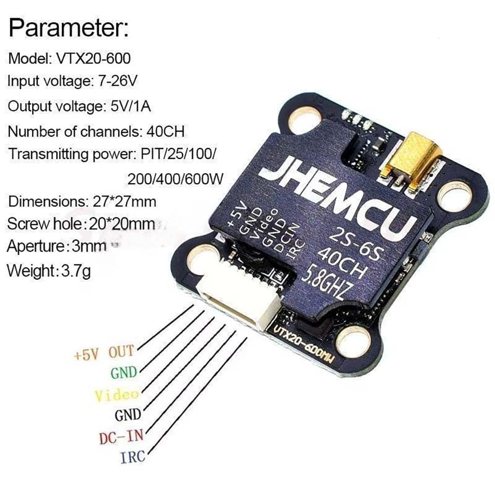 VTX20-600 40CH 20X20mm PitMode 25-600mW Regolabile VTX 7-26V per JHEMCU VTX RC FPV Racing Freestyle Droni
