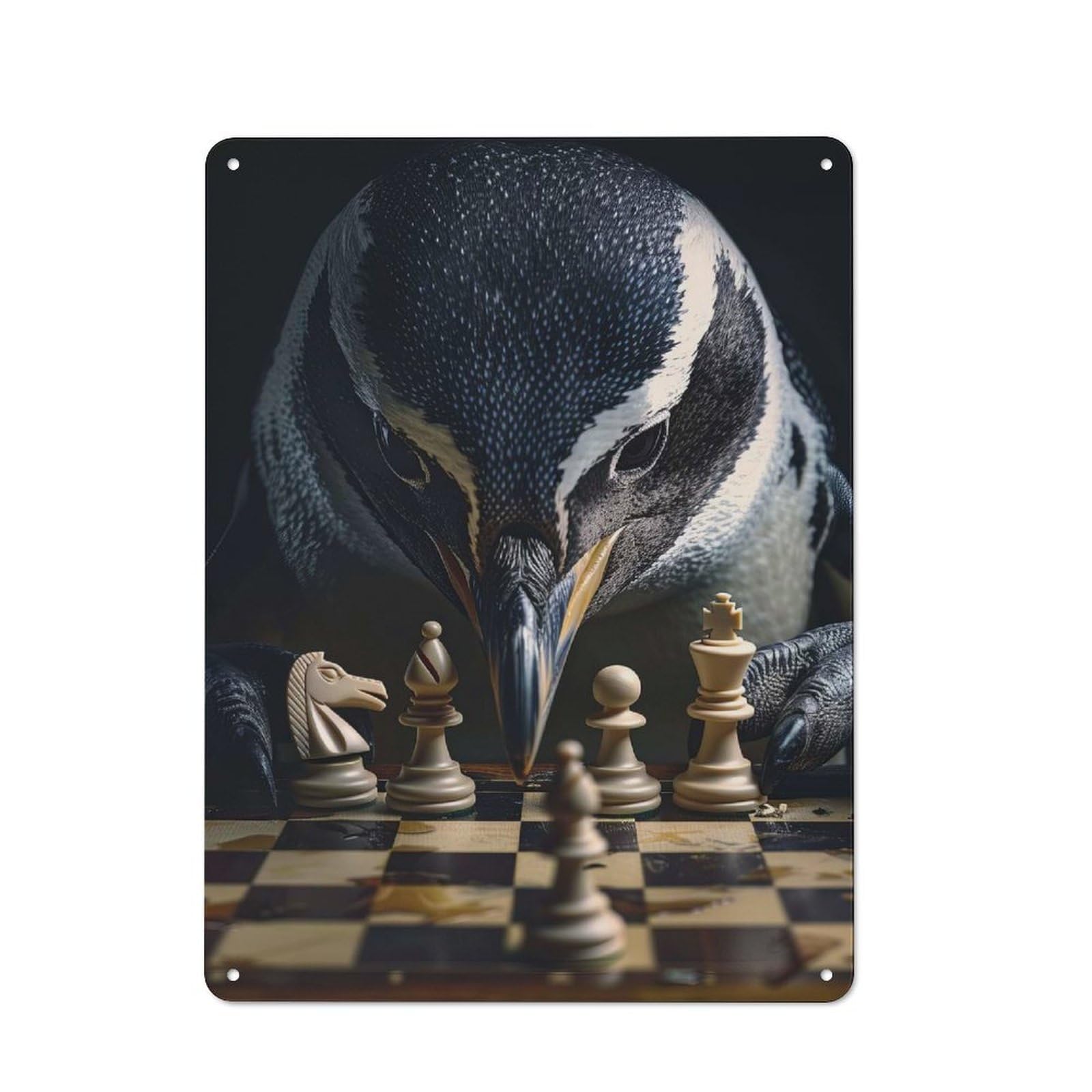 Penguin Chess Metal Wall Sign 40x30cm, Loft Style Urban Room Decor for Flat, Bar, Studio Or Gallery Wall