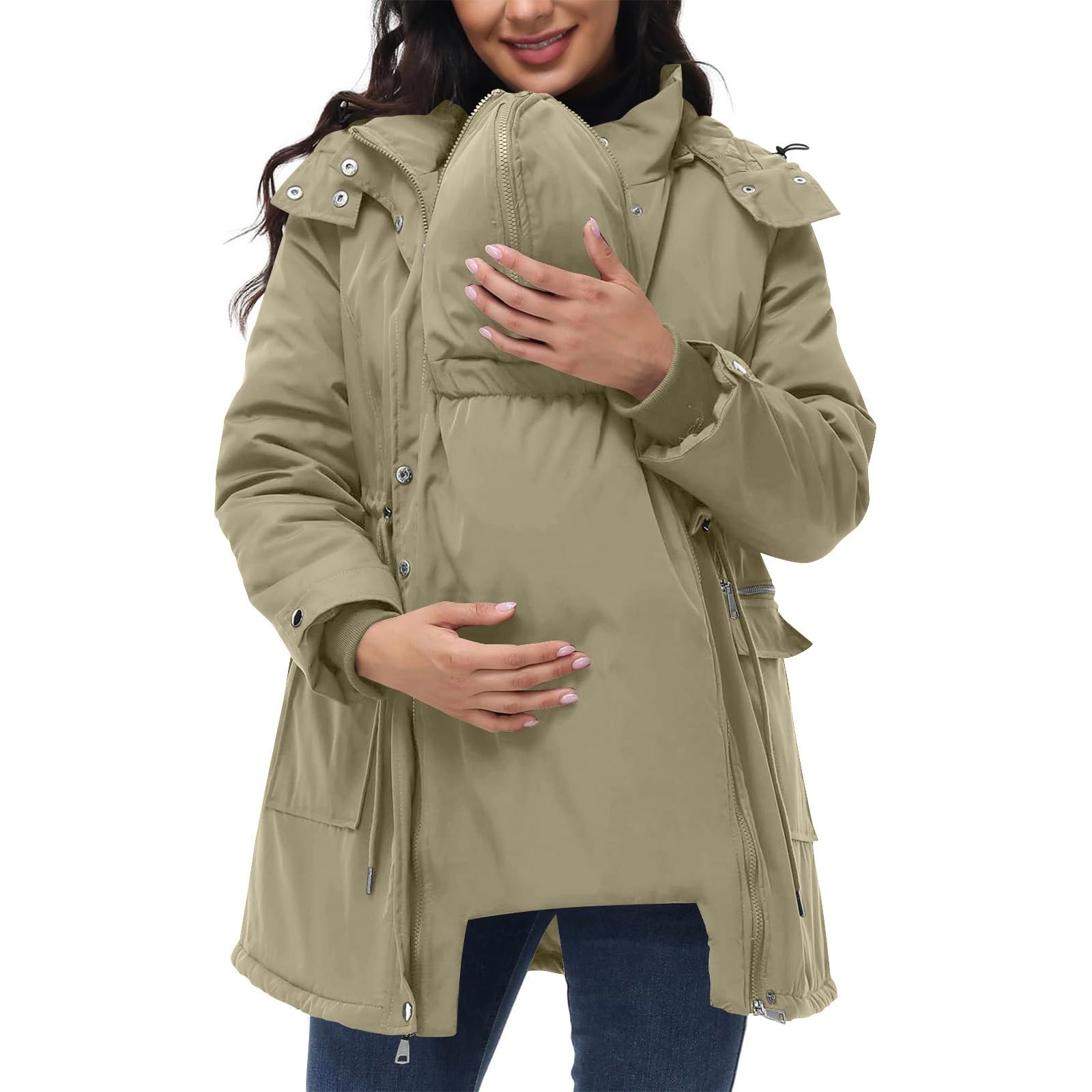 Damen Umstandsmantel, 3-in-1, Schwangere, Pufferjacken, Winter, warm, mit Kapuze, gepolstert, winddicht, Babyeinsatz, Tragemantel, leichte Steppjacken, Oberbekleidung, Thermomantel, Beige