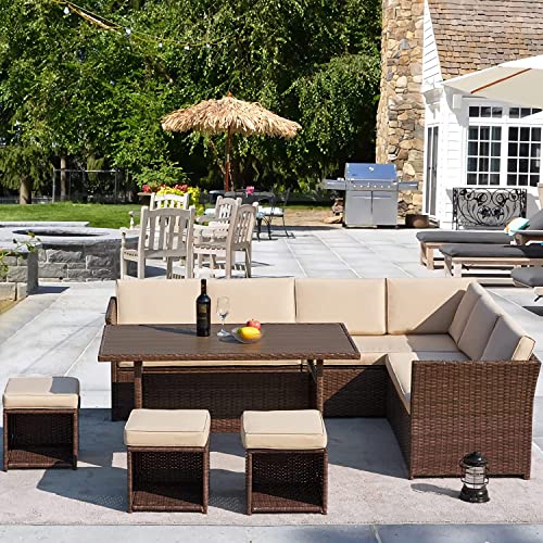 Image of DEVOKO 6 PCS L-Shape Wicker Patio Dining Sectional Conversation Sofa Set and Wooden Top Dining Table, Ottomans and Cushions (Dark Brown & Cream)