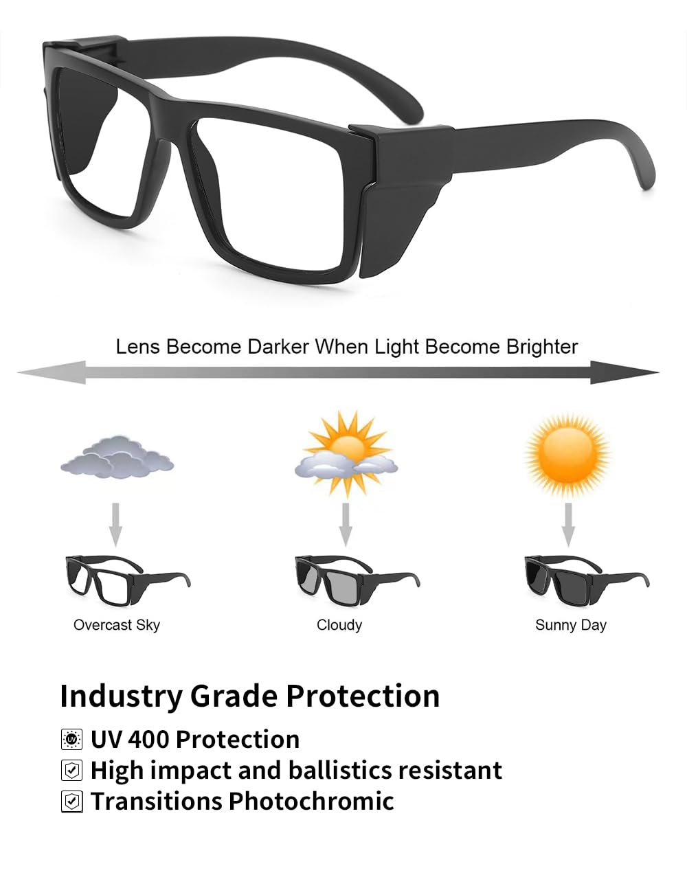 UV400 Bluelight Transition fotochromowe okulary ochronne odporne na zarysowania i uderzenia, spełniają normę ANSI Z87.1