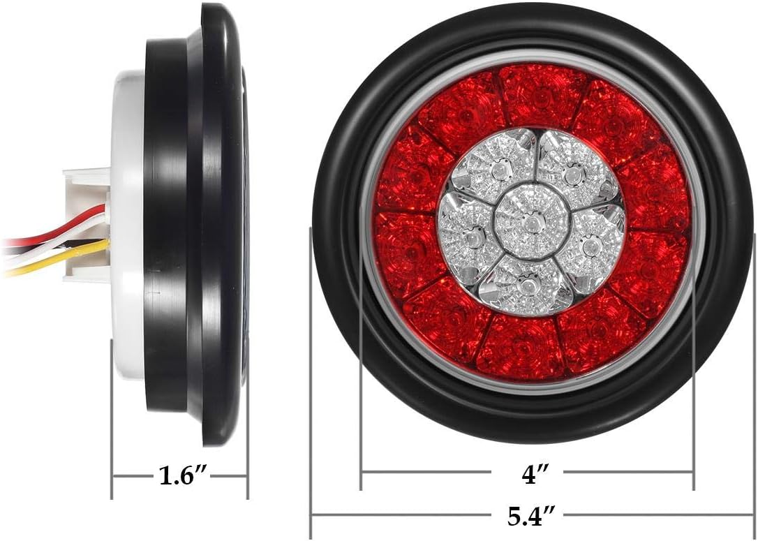Partsam 4Pcs 4" Inch Round LED Trailer Tail Lights with Backup Reverse Lights 16LED Waterproof Stop Brake Tail Running Utility Lights Lamps DC 12V Sealed, Hardwired with Grommet (Not Plug and Play)