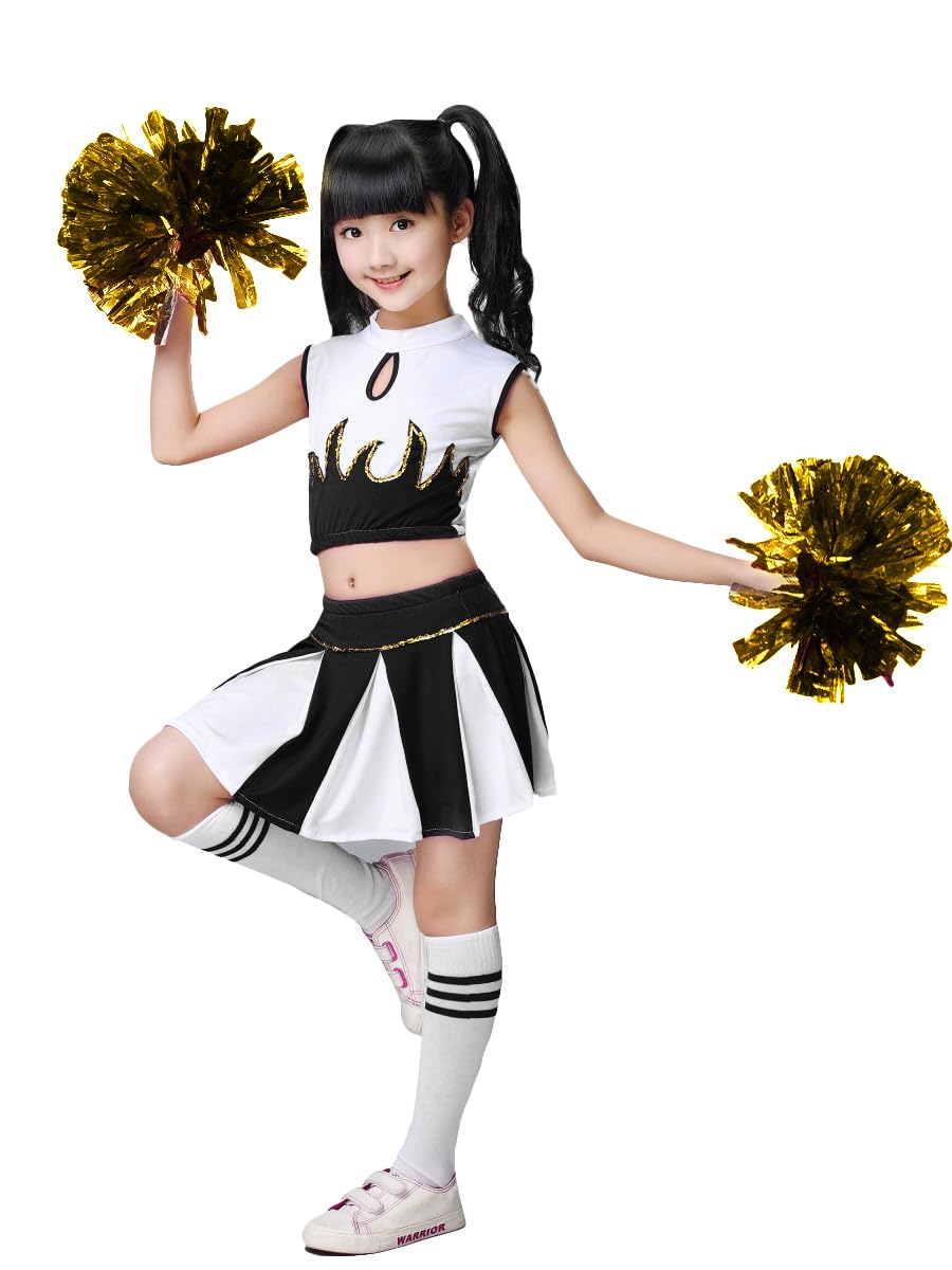 LOLANTA Girls Cheerleader Costume Cheerleading Children Dress Outfit Uniform with PomPoms(Black, 8-9 years, Tag Size 140) - Image 2