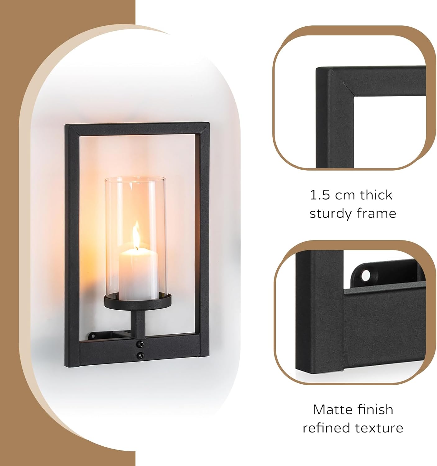 Black Candle Sconces Wall Decor: Set of 2 Metal Morden Style Frame Wall Candle Holder with Hurricane - Wall Mounted Minimalism Decorations for Living Room Hallway