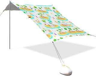 Tropical Island Sailboat White Beach Tent Sun Shelter UPF 50+ Protection Beach Canopy with Sand Shovel 4 Sandbags Portable Outdoor Shade Canopy for Outdoor Travel Camping Fishing Picnics