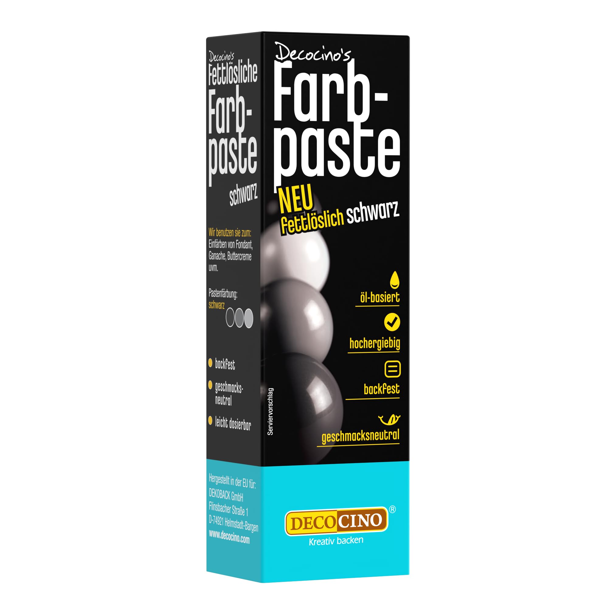 DECOCINO fettlösliche Farbpaste Schwarz - 15 g - öl-basierte Lebensmittelfarbe, ideal zum Einfärben von Schokolade, Buttercreme, Fondant oder Kuchenteig