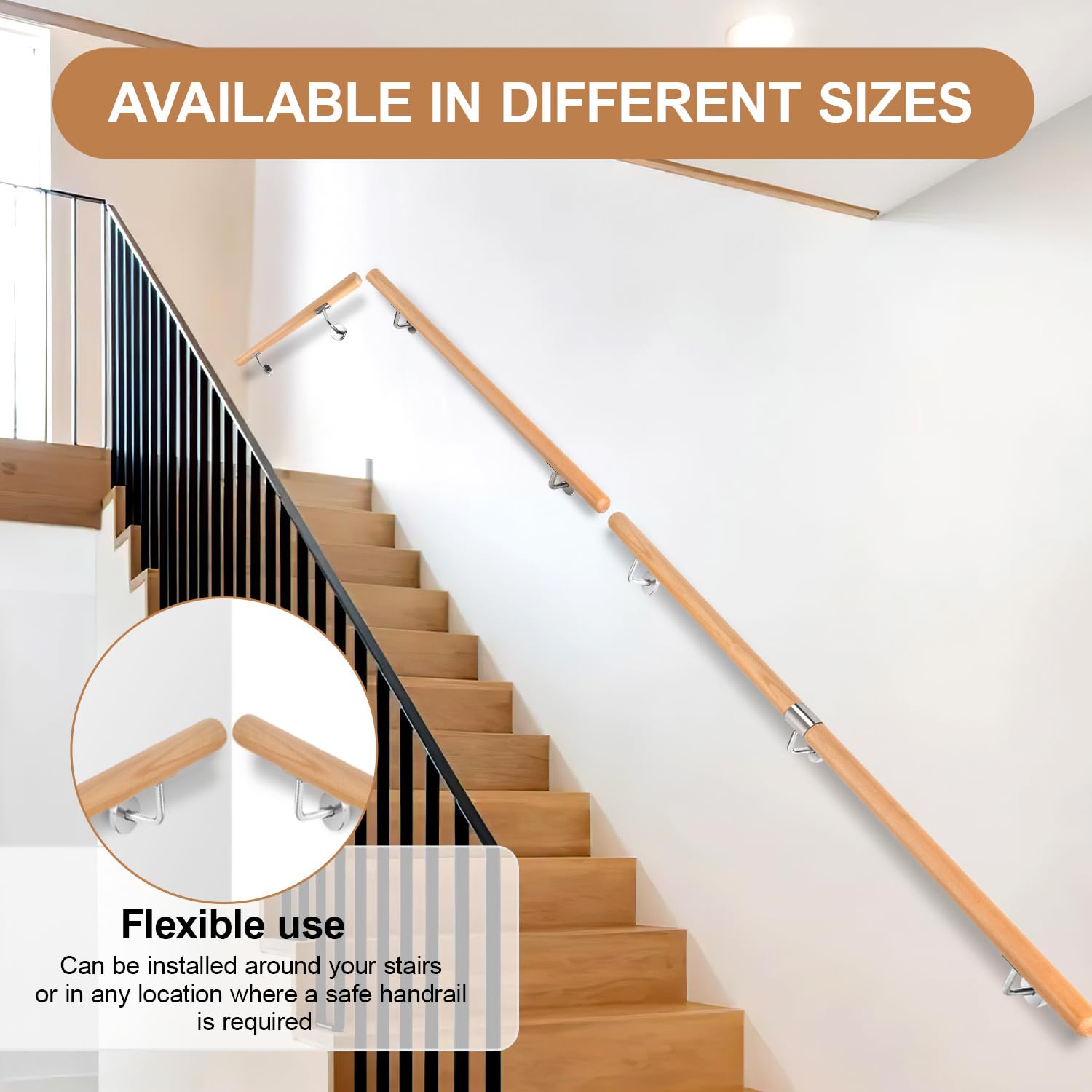 Pasamanos de madera de haya, 150 cm, pasamanos de pared, escaleras con soporte de pared y tapas finales, pasamanos de madera antideslizante, barandilla para escaleras, balcón, redondo, 42 mm