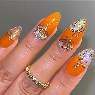 Thanksgiving Nails Press on Fake Nails Fall False Nail Glitter Gradient Pumpkin Designs Full Cover Medium Almond Stick on Autumn Acrylic Nail for Women Holiday Manicure 24 Pcs