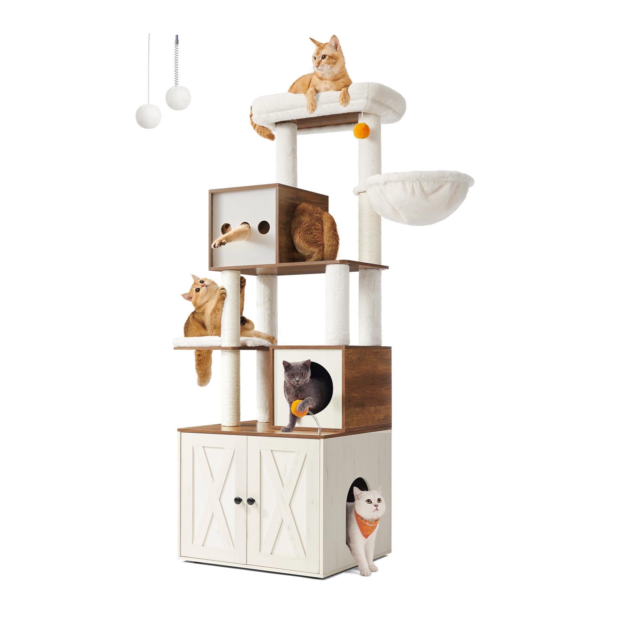 Feandrea Arbre à Chat Moderne avec Cache-litière, Tour de Jeu, Griffoir avec Maison de Toilette, 180 cm, Niche, Plateforme, Tapis Lavables, Marron Miel et Blanc Rustique PCT116K03