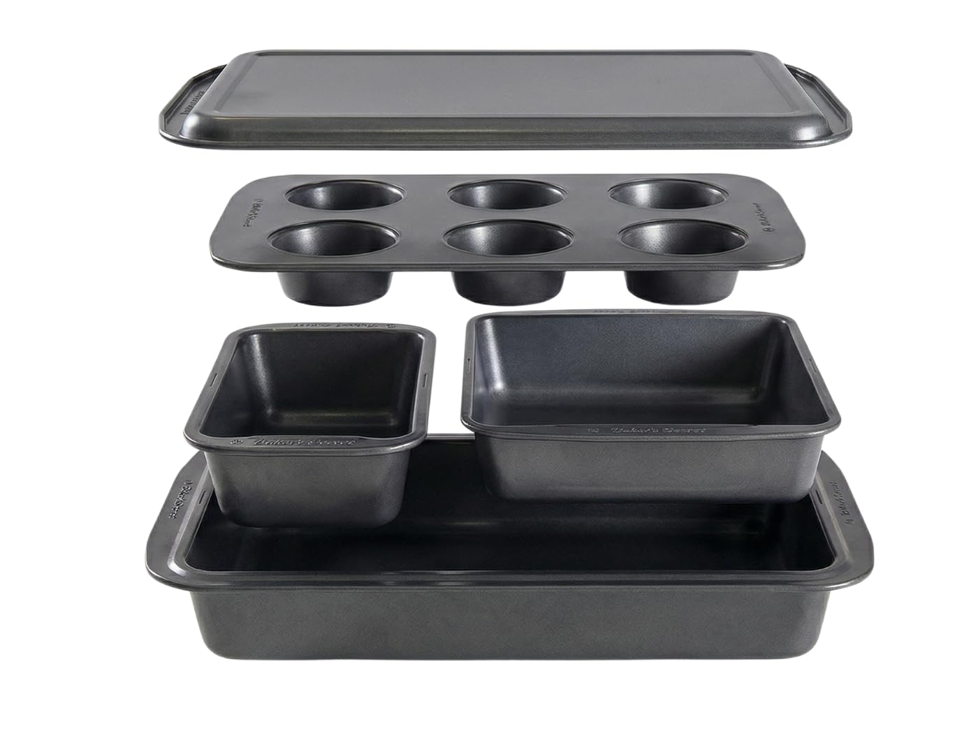 Stackable 5 Piece Nonstick Bakeware Set – Loaf Pan, Square Pan, Muffin Pan, Roaster Pan & Cookie Sheet – Carbon Steel, Easy Release, Dishwasher Safe