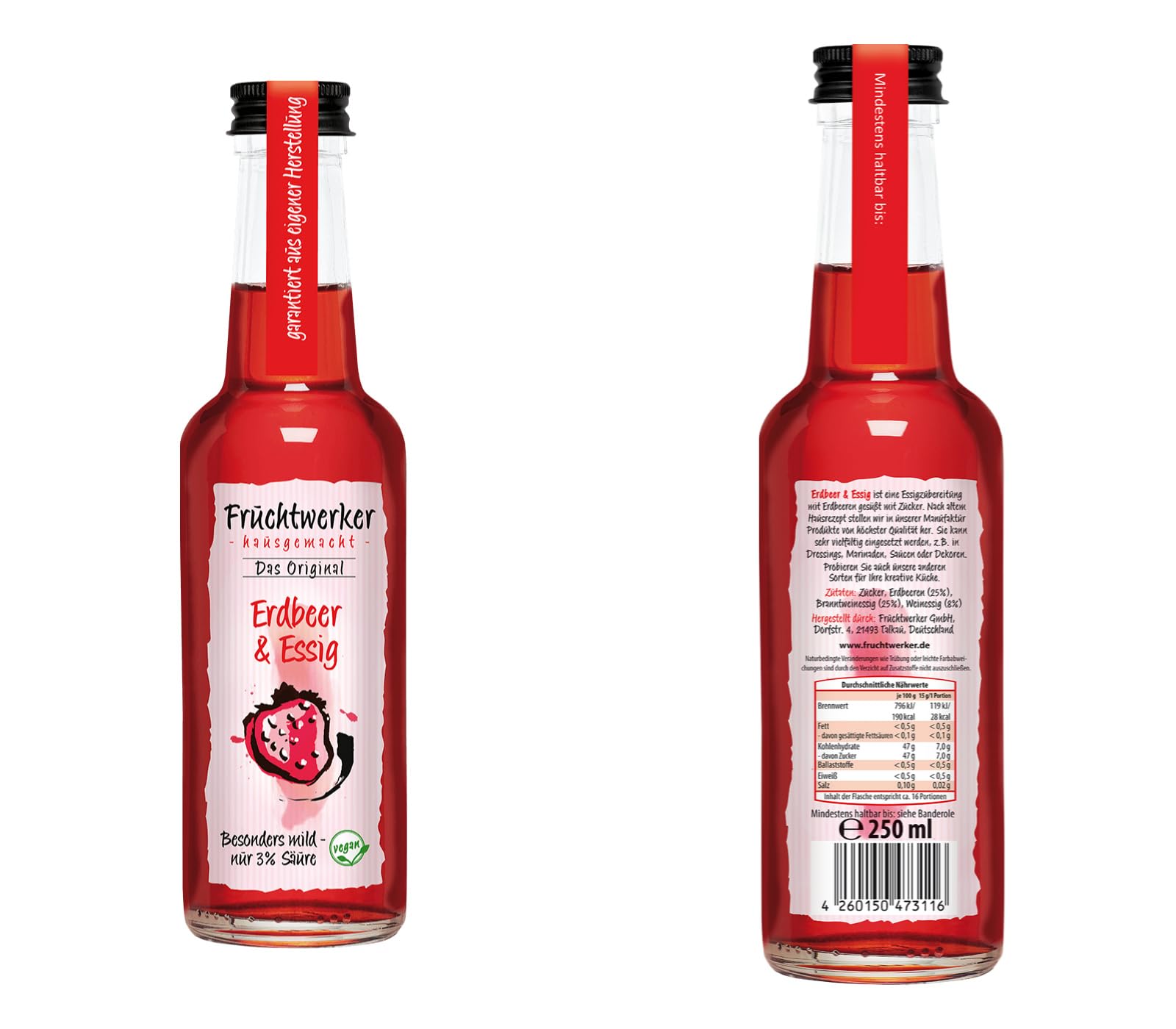 Fruchtwerker Set vinaigre et grenade I Différentes variétés I Fruité I Vinaigre de fruits I Set vinaigre I Pure végétale I Doux I Dans des bouteilles en verre (grenade + framboise + fraise)