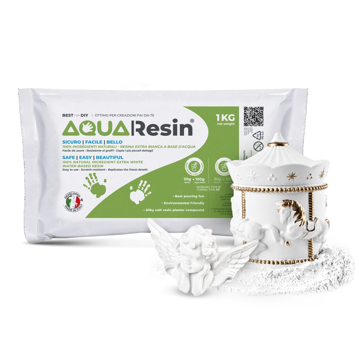 Aqua Resin Alpha Chalk (White Mineral Resin) | Satin Porcelain Effect, Ready with Water Only | Safe and Non-Toxic | Super White and Colourable | for DIY, Moulds, Crafts (1 kg)