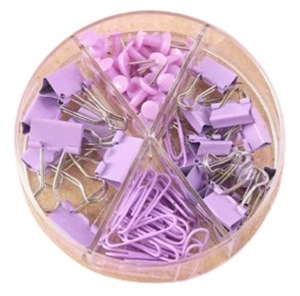Premium Combo of Stationery Essentials for Office & Home - Push Pins & Paper Clips Holder Set (72 Pcs) (Purple, Pack of 1)