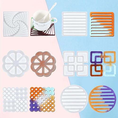 6 moldes de resina para posavasos de silicona, moldes de posavasos con forma de rayas cuadradas redondas para resina epoxi, moldes de silicona de