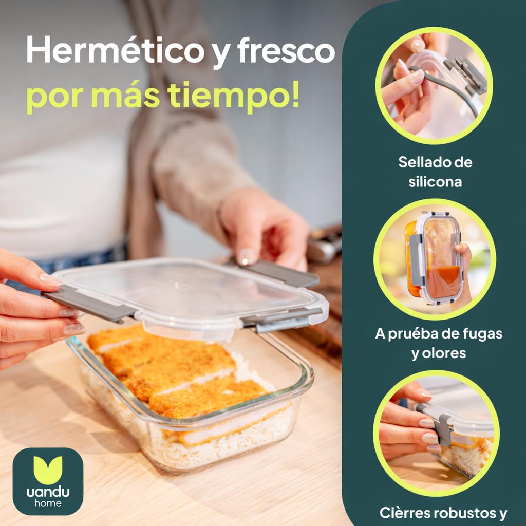 uandu Set de 10 Recipientes Herméticos de Cristal con Tapa para Alimentos, Vidrio Borosilicato, Fiambrera Meal Prep, Sin BPA, Apto Microondas, Horno y Congelador