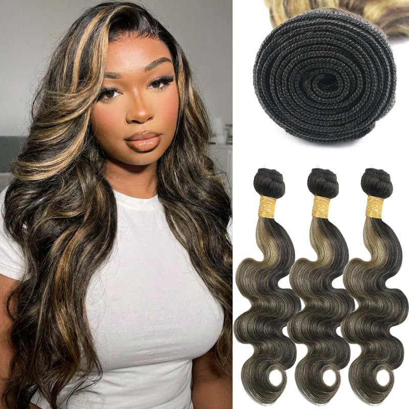 12 14 16Inch P1B27 Highlight Human Hair Bundles Honey Blonde Body Wave 3 Bundles Blonde Highlight Bundle Human Hair Extensions 300g/Pack （Black and Honey Blonde）
