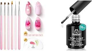 Beetles Nail Art Brushes, 6 Pcs Fingernail Art Design Pens, Pink Han & Gel Polish No Wipe Gel Top Coat