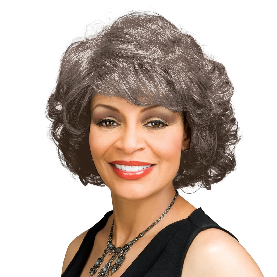 Barbara Wig Color FS4/30 - Foxy Silver Wigs Curly Shag Wispy Bangs Synthetic Medium Length African American Women's Machine Wefted Lightweight Average Cap Bundle Hairloss Booklet, Comb