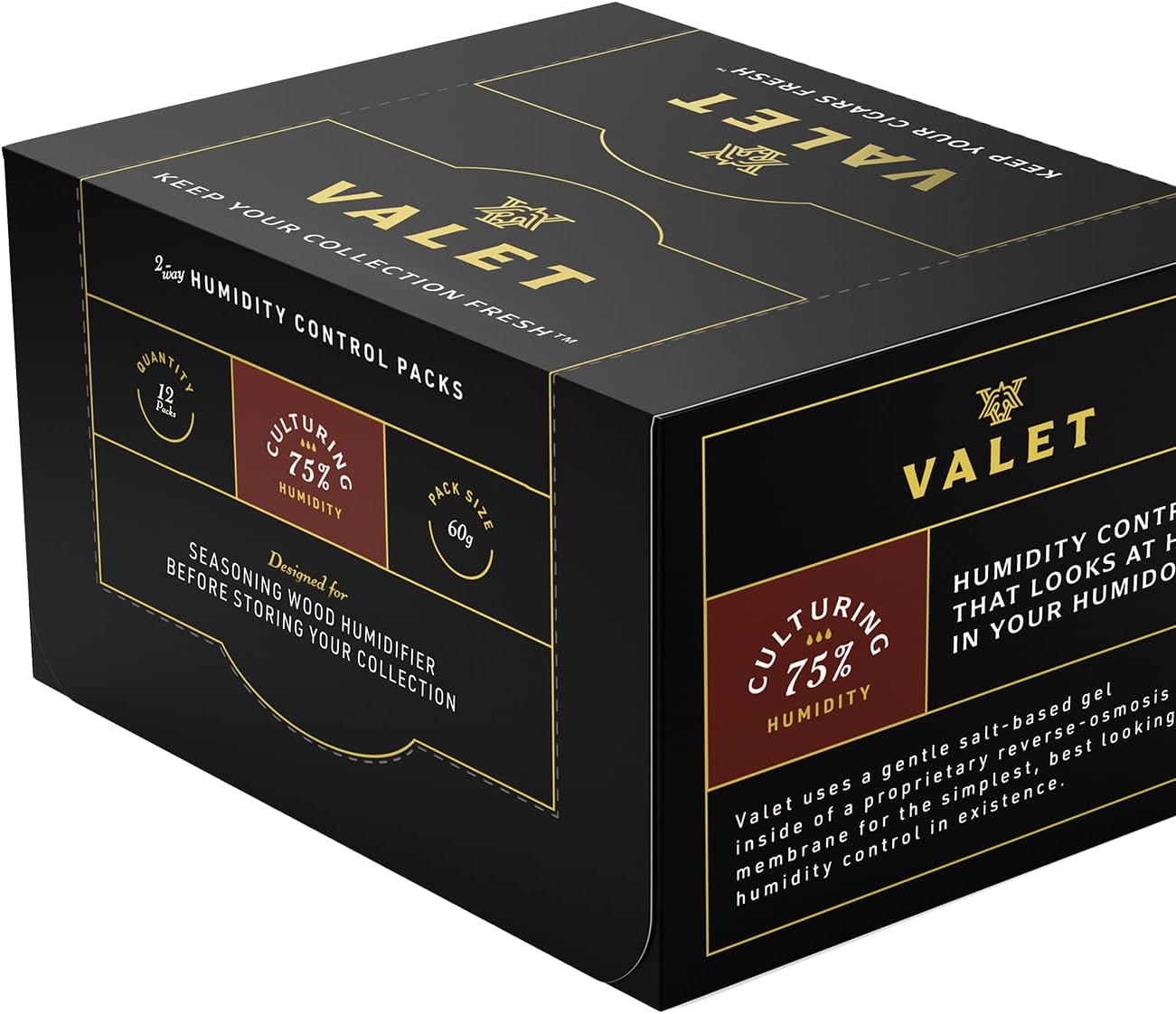 Valet 75% Two-Way Humidity Packs 12-Pack (60g), Bulk Two-Way Humidity Control Packs for Moisture Restoration & Leaky Wood Storage, Made in USA