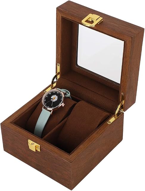yuytee Watch Box Jewelry Display Case, 2 Slot Clamshell Watch Storage Box Organizer, Black Walnut Color