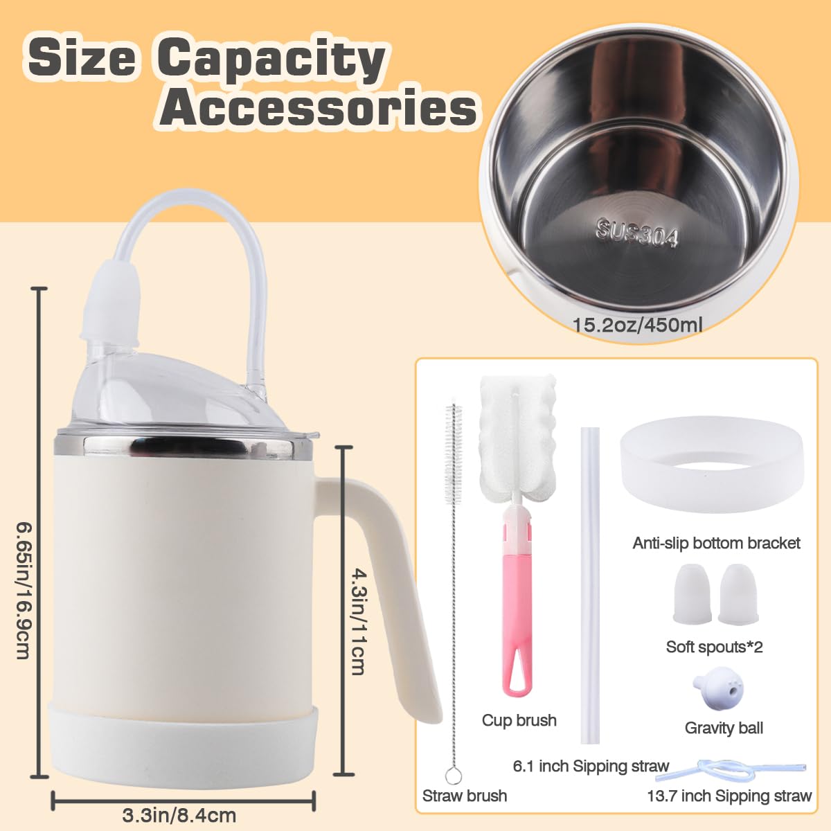 Adult Sippy Cups for Elderly Spill Proof, 3 in 1 Stainless Steel Sippy Cup, 15oz Spill Proof Cup with Straw, for Disabled Adults, Elderly, Hospital Use (Yellow)