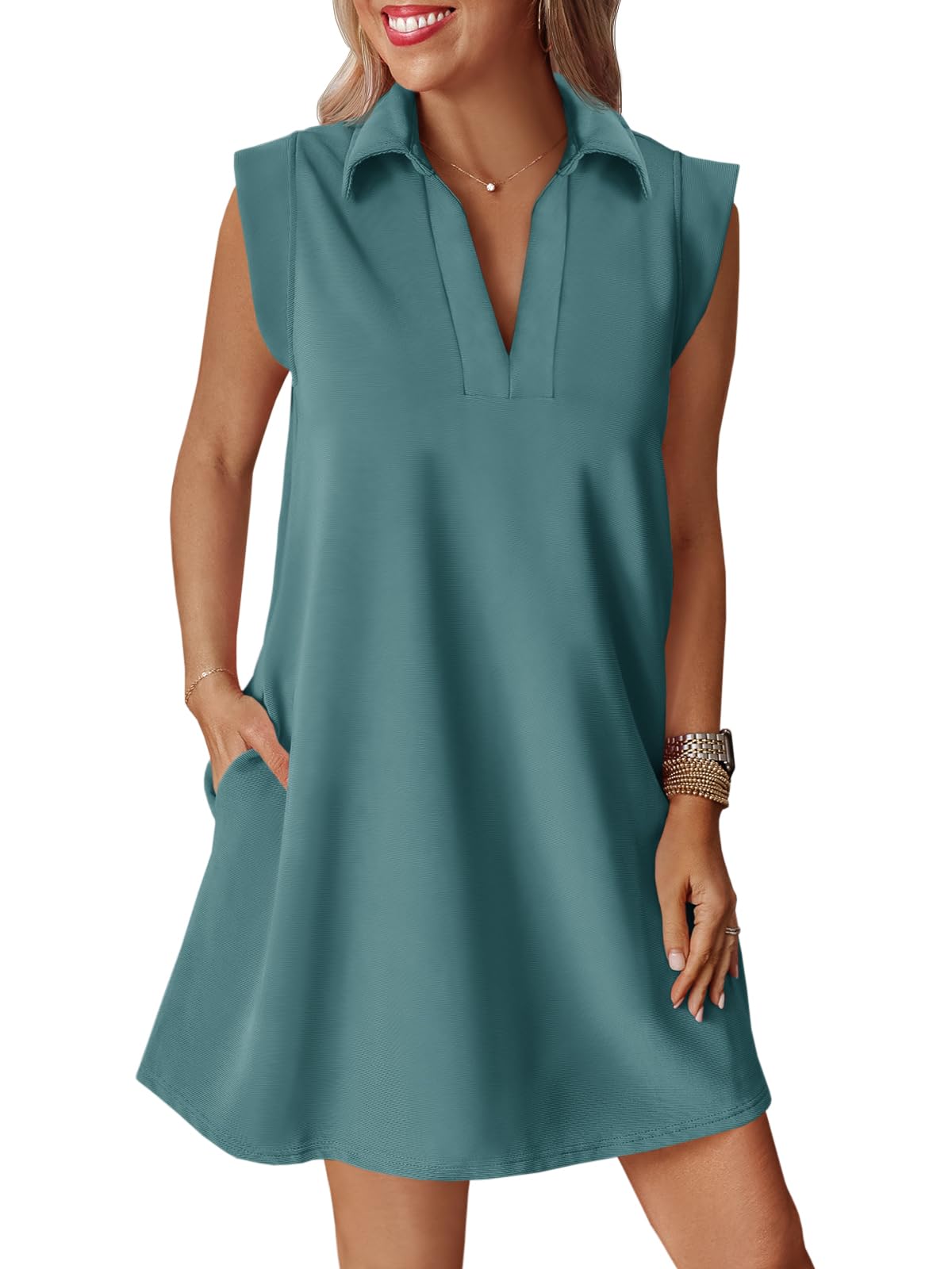 Cicy Bell Womens Summer Mini Dress Cap Sleeve Collared V Neck Casual Ribbed A Line T Shirt Dresses