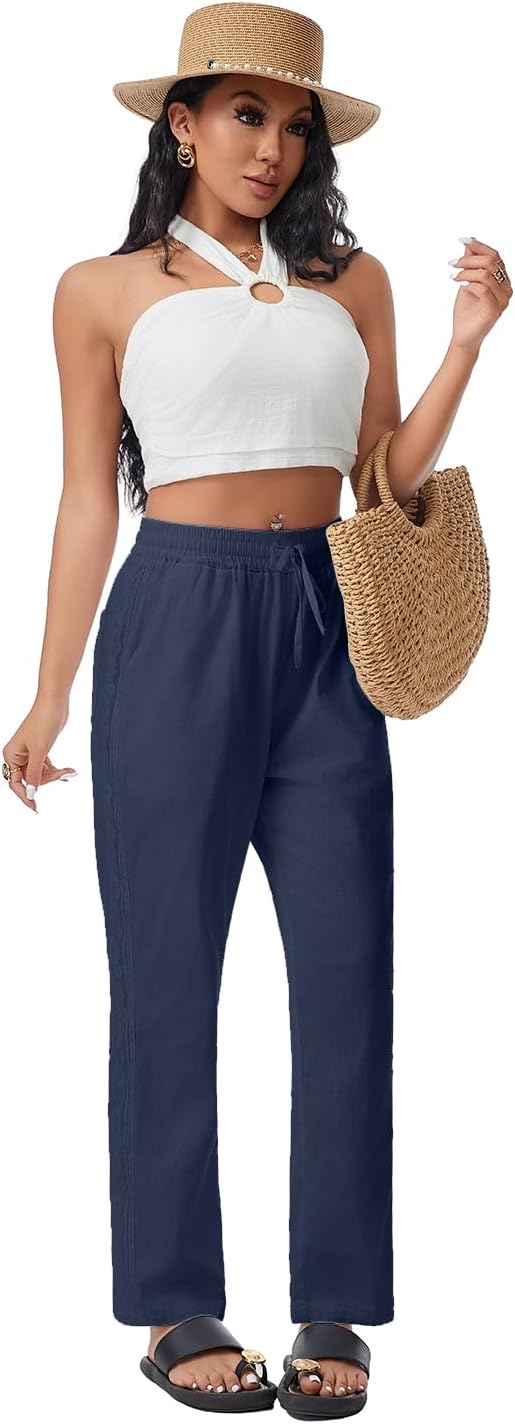 Women Linen Pants Drawstring Elastic Lightweight Capri Pants with Lace Side Summer Beach Casual Pants for Women - Image 2