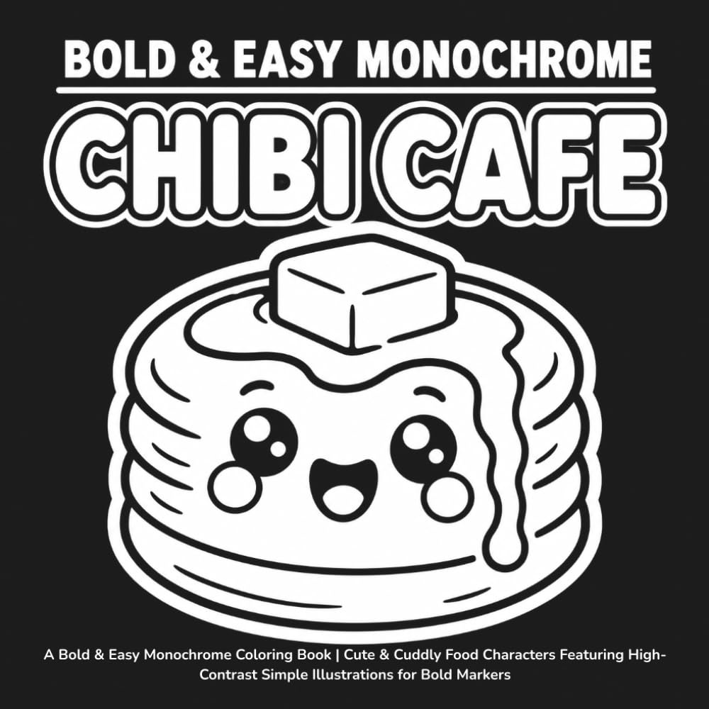 Chibi Cafe: A Bold & Easy Monochrome Coloring Book | Cute & Cuddly Food Characters Featuring High-Contrast Simple Illustrations for Bold Markers
