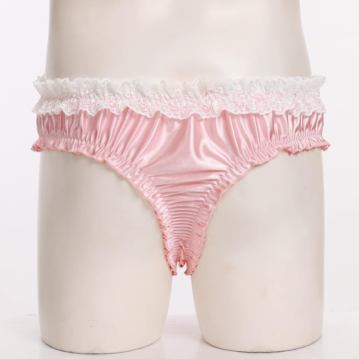 ABAFIP Men's Satin Frilly Lace Trim Sissy Bowknot Thong Panties Elastic Waist G-string Briefs Underwear - Image 7