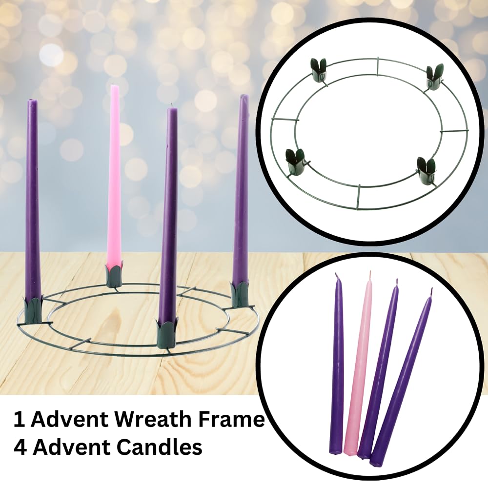 Factory Direct Craft Green Metal Advent Wreath Form with a Set of 4 Advent Taper Candles