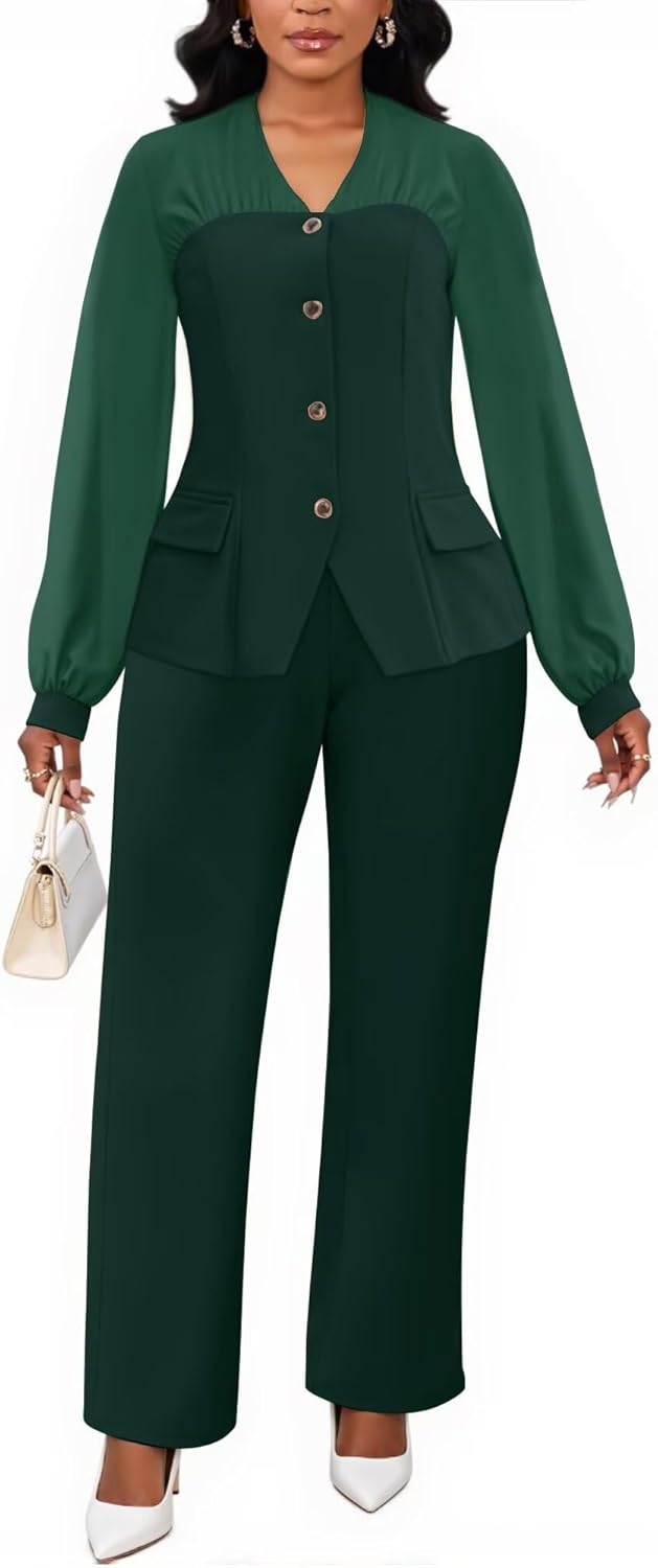 2 Piece Pant Suits for Women Dressy Business Casual Outfits Mesh Long Sleeve Blazer Wide Leg Pants Sets Office Work - Image 2