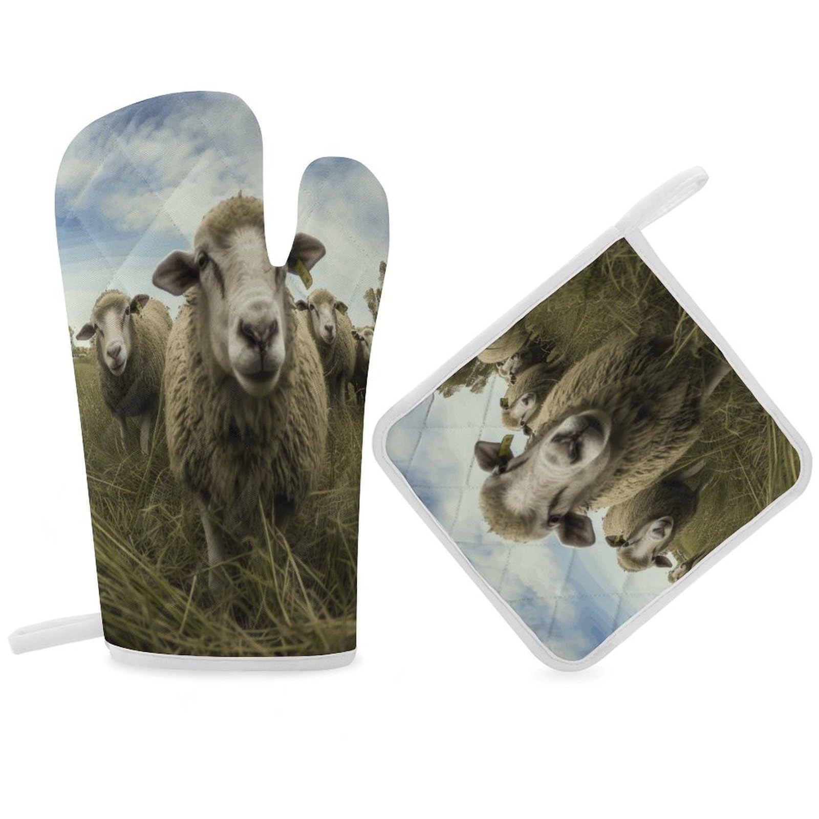 Fodpand Women's Style Flock Of Sheep Oven Mitts And Pot Holders Sets,Oven Gloves For Kitchen Oven Mitts And Potholders For Baking Cooking Grilling Apartment Essentials