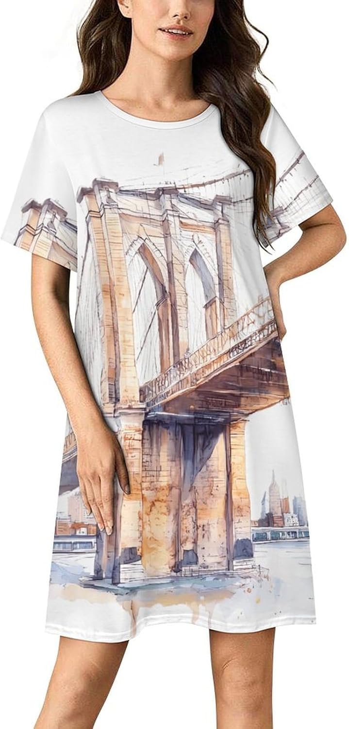 Watercolor Painting of Brooklyn Bridge Nightgowns for Women Short Sleeve Sleep Dress Casual Sleepshirt Night Gowns Pajamas