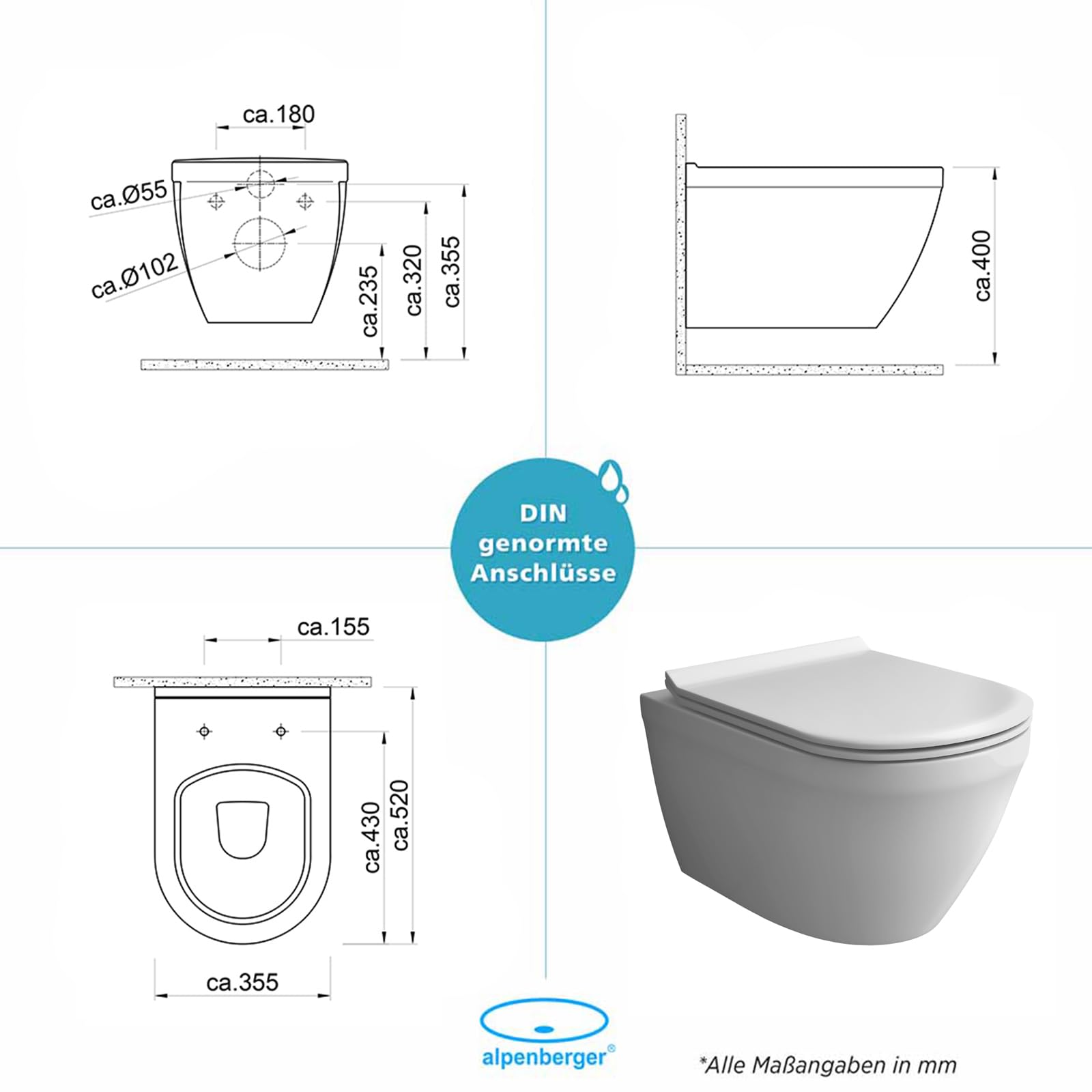 Alpenberger Hänge WC Komplettset | Wand WC Spülrandlos | Toilettendeckel mit Absenkautomatik | Spülkasten Bausatz Betätigungsplatte | Vorwandelement WC Set Komplett | Passend Geberit (8200 CS)